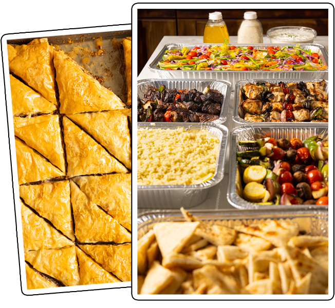 A close up picture of Skewers mouth-watering baklava and another picture of a table full of catered food.